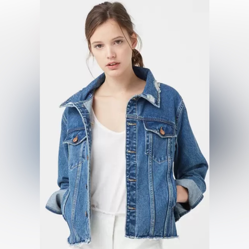 Mango MACA Denim Shirt Jean Jacket with Frayed Hem, Size Small/Medium US